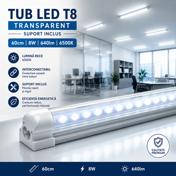 LED тръба T8 прозрачна с включен държач 60cm 8W, свързваема