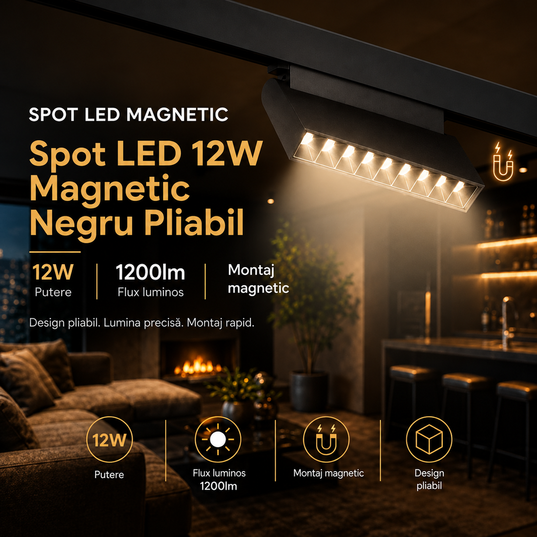 LED спот 12W магнитен черен, сгъваем