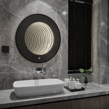 Кръгло LED огледало с черна рамка 3D Infinity Mirror, 3 вида светлина и Touch J183F