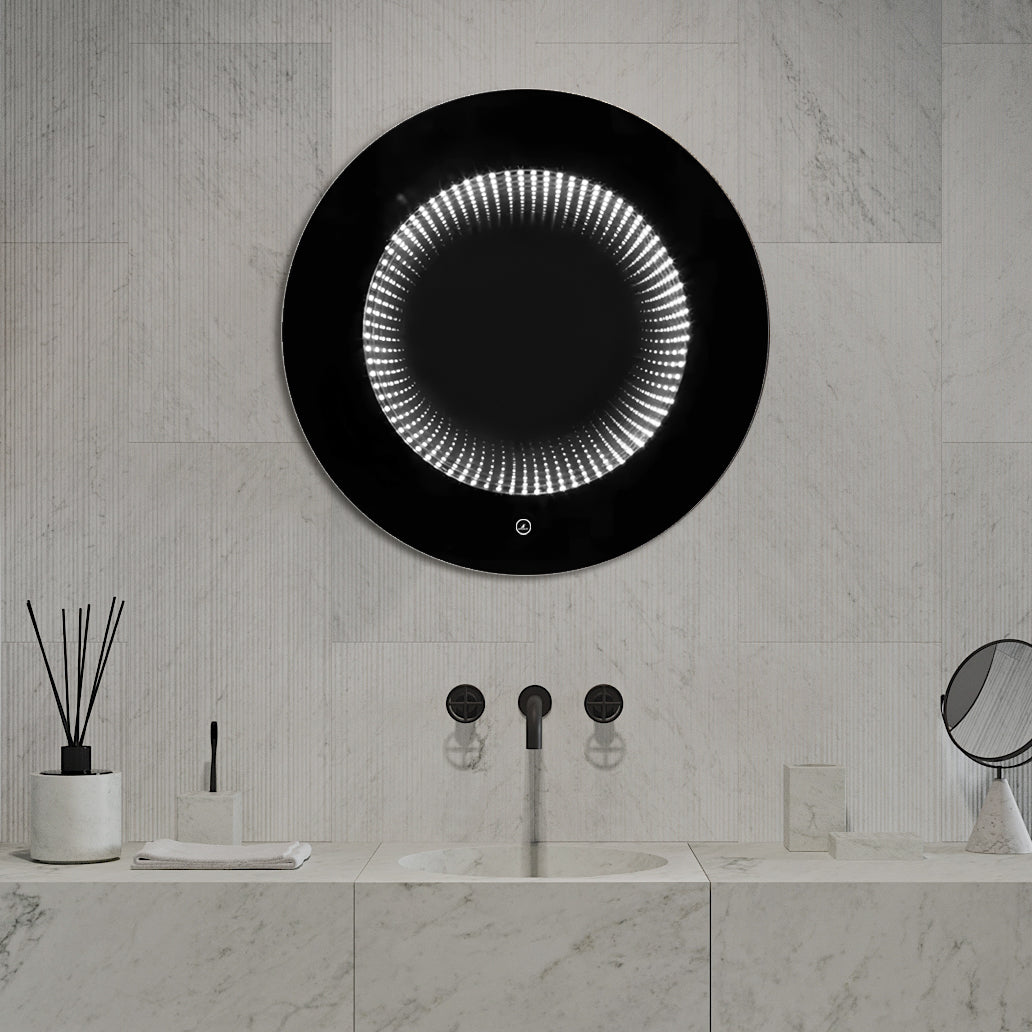 Кръгло LED огледало с черна рамка 3D Infinity Mirror, 3 вида светлина и Touch J183F