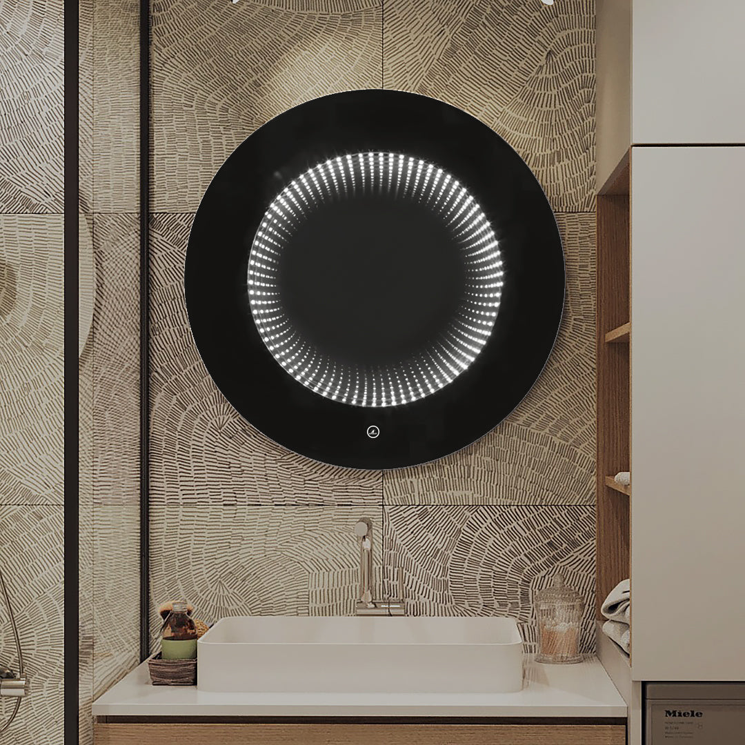 Кръгло LED огледало с черна рамка 3D Infinity Mirror, 3 вида светлина и Touch J183F