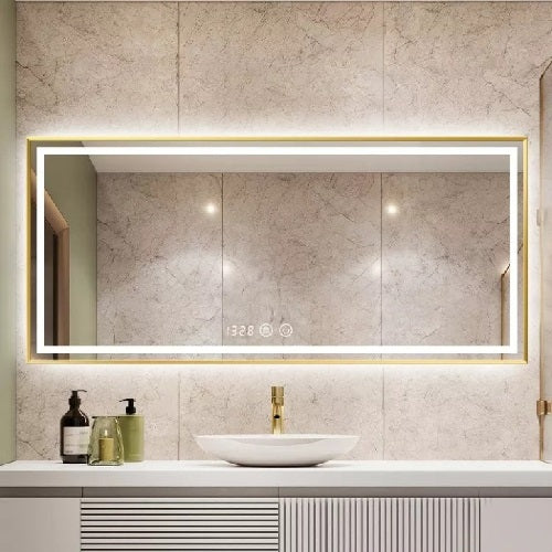 LED огледало 120x80cm със златиста рамка, функция против замъгляване, Touch и часовник J47
