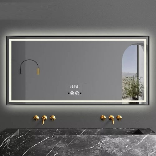 LED огледало 120x80cm с черна рамка, функция против замъгляване, Touch и часовник J45
