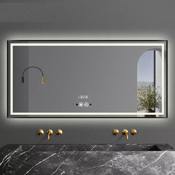 LED огледало 120x80cm с черна рамка, функция против замъгляване, Touch и часовник J45