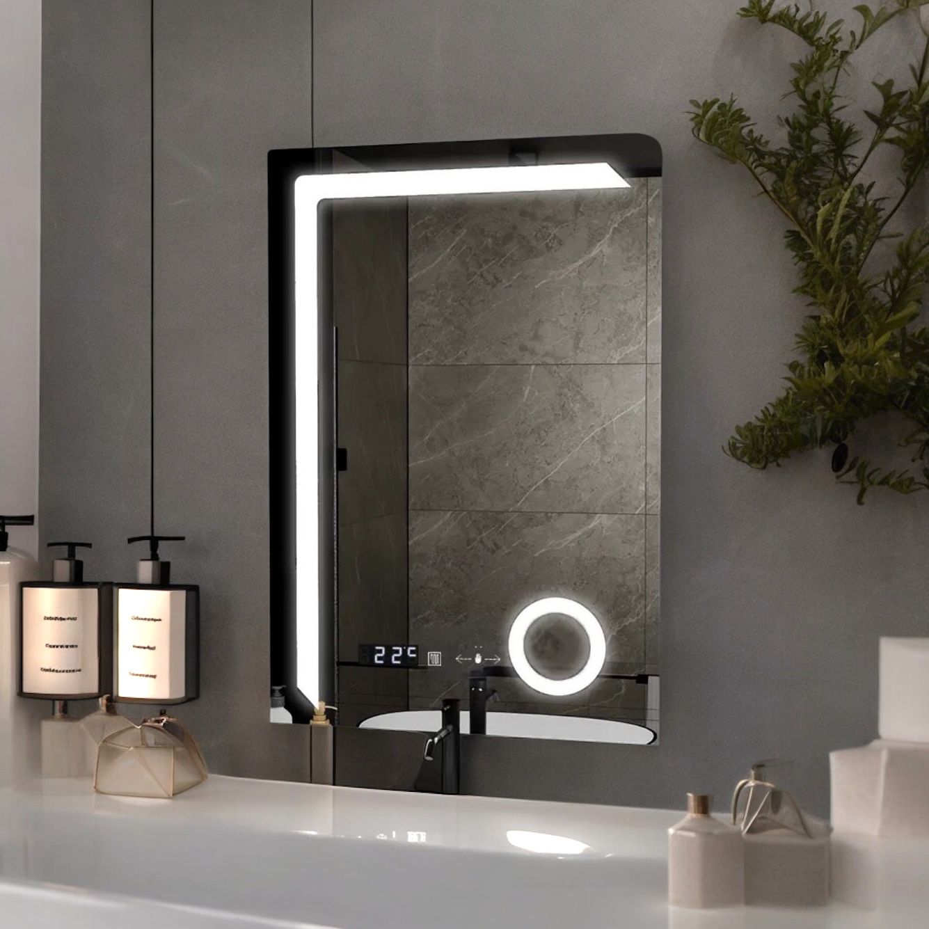 LED огледало 60x80cm, ЛУПА, СЕНЗОР, 3 вида светлина, против запотяване и часовник W07