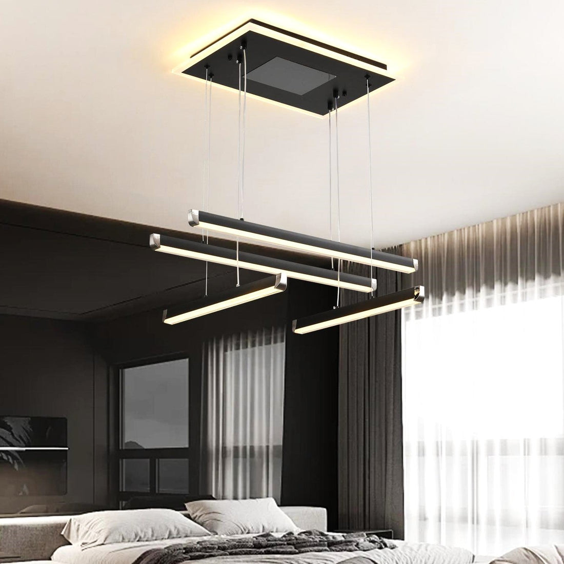 LED осветително тяло 4 LINES Black висящо, еквивалент 500W, с дистанционно