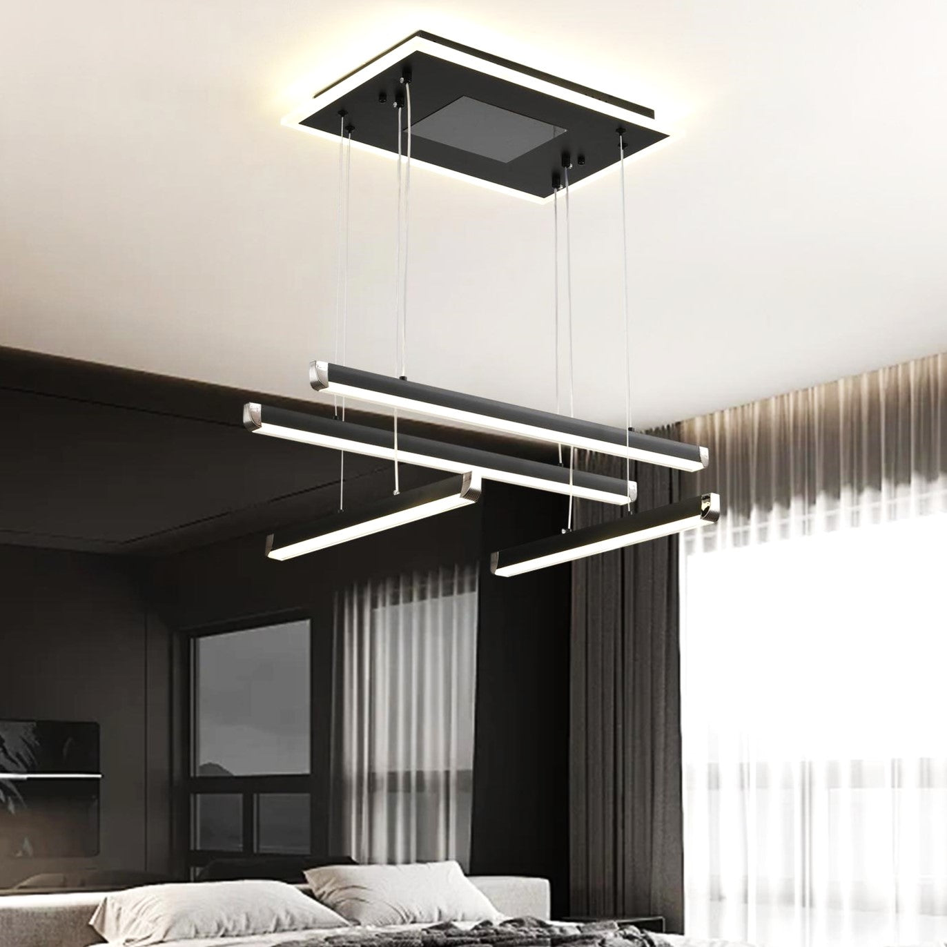 LED осветително тяло 4 LINES Black висящо, еквивалент 500W, с дистанционно