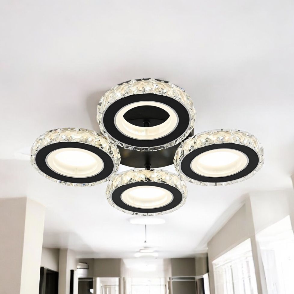 LED осветително тяло 4 RINGS кристал черен еквивалент 400W с дистанционно