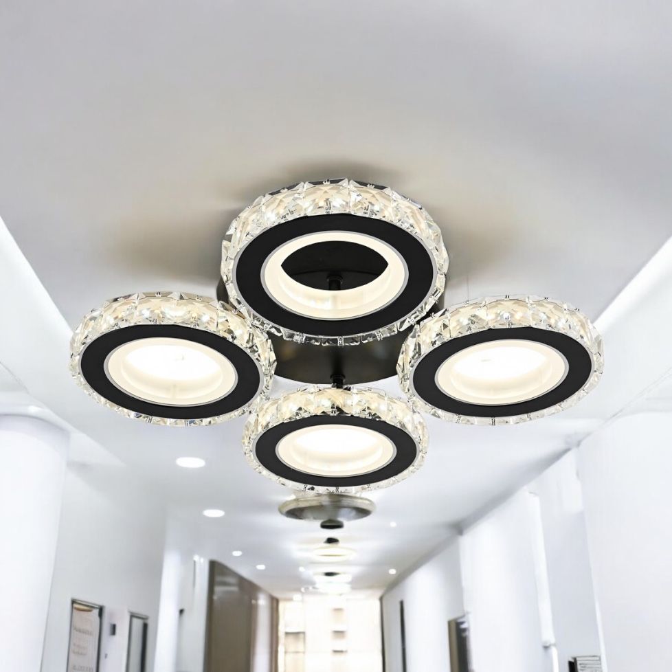 LED осветително тяло 4 RINGS кристал черен еквивалент 400W с дистанционно
