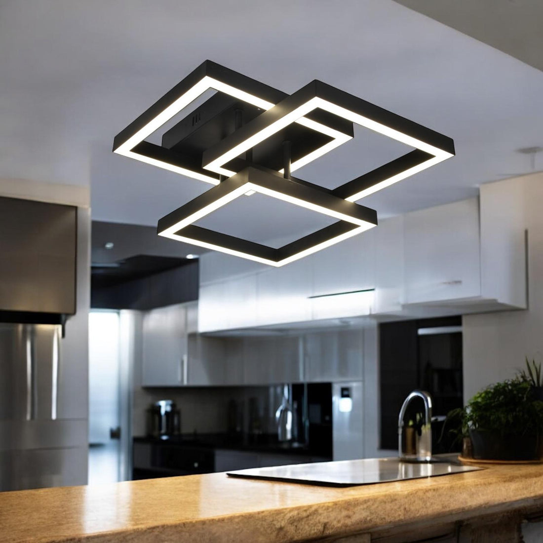 Модерно LED осветително тяло 3 Square Black еквивалент 300W с дистанционно