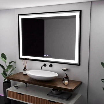 LED огледало 100x70cm с черна рамка, сензор, демист, 3 вида светлина, температура и часовник W03