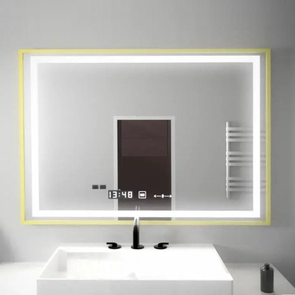LED огледало 100x80cm Златиста рамка, сензор, демистър, 3 вида светлина, температура и часовник W10L