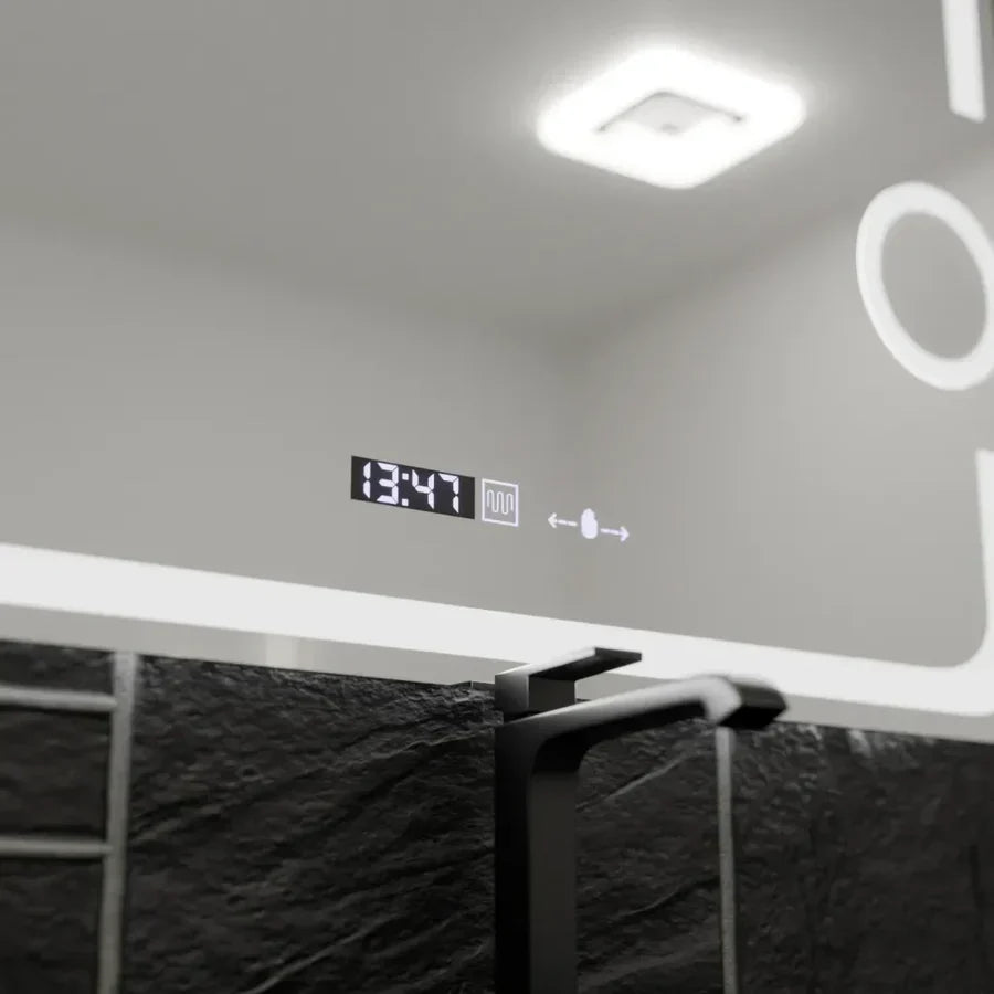 LED огледало 80x60cm, СЕНЗОР, 3 вида светлина, против замъгляване, димиране, часовник и термометър