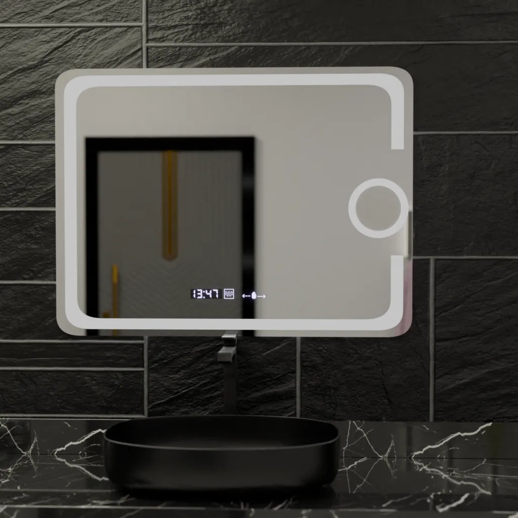 LED огледало 80x60cm, СЕНЗОР, 3 вида светлина, против замъгляване, димиране, часовник и термометър