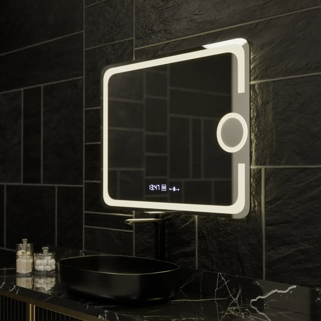 LED огледало 80x60cm, СЕНЗОР, 3 вида светлина, против замъгляване, димиране, часовник и термометър