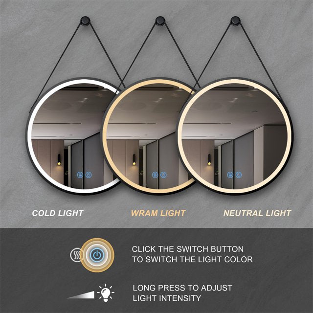 LED огледало за баня 60cm FOG Black Кожа+Алуминий, сензор за движение, температура, часовник и противозамъгляване