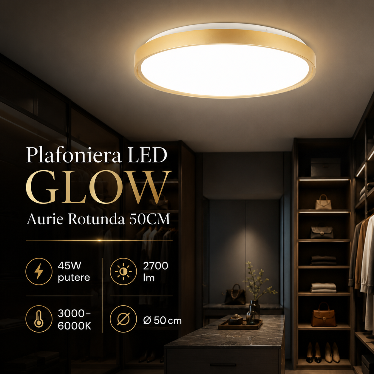 LED плафон GLOW Златист Кръгъл 50CM – еквивалент 250W