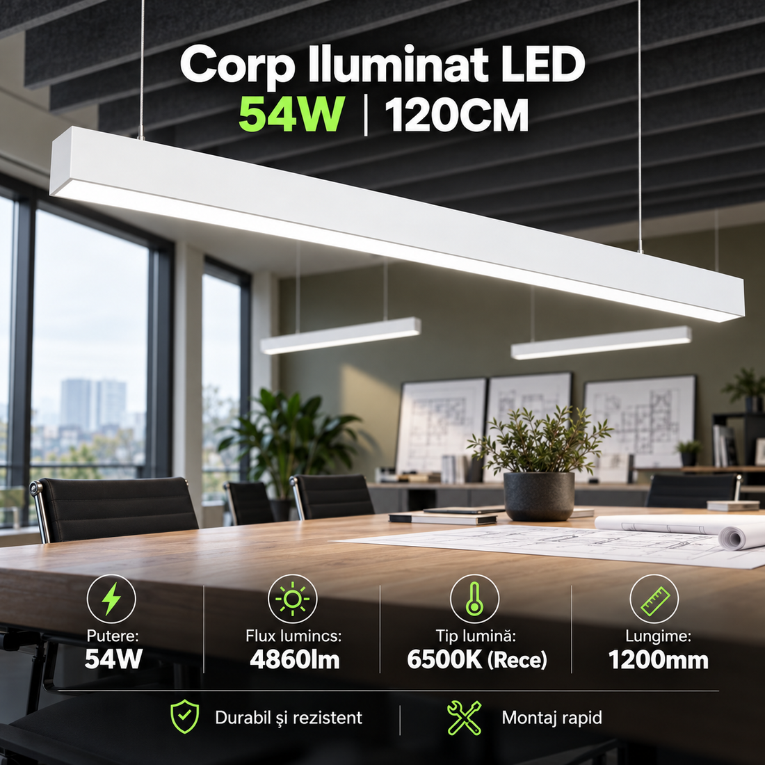 Линеен LED осветител 54W 120cm окачен/повърхностен бял