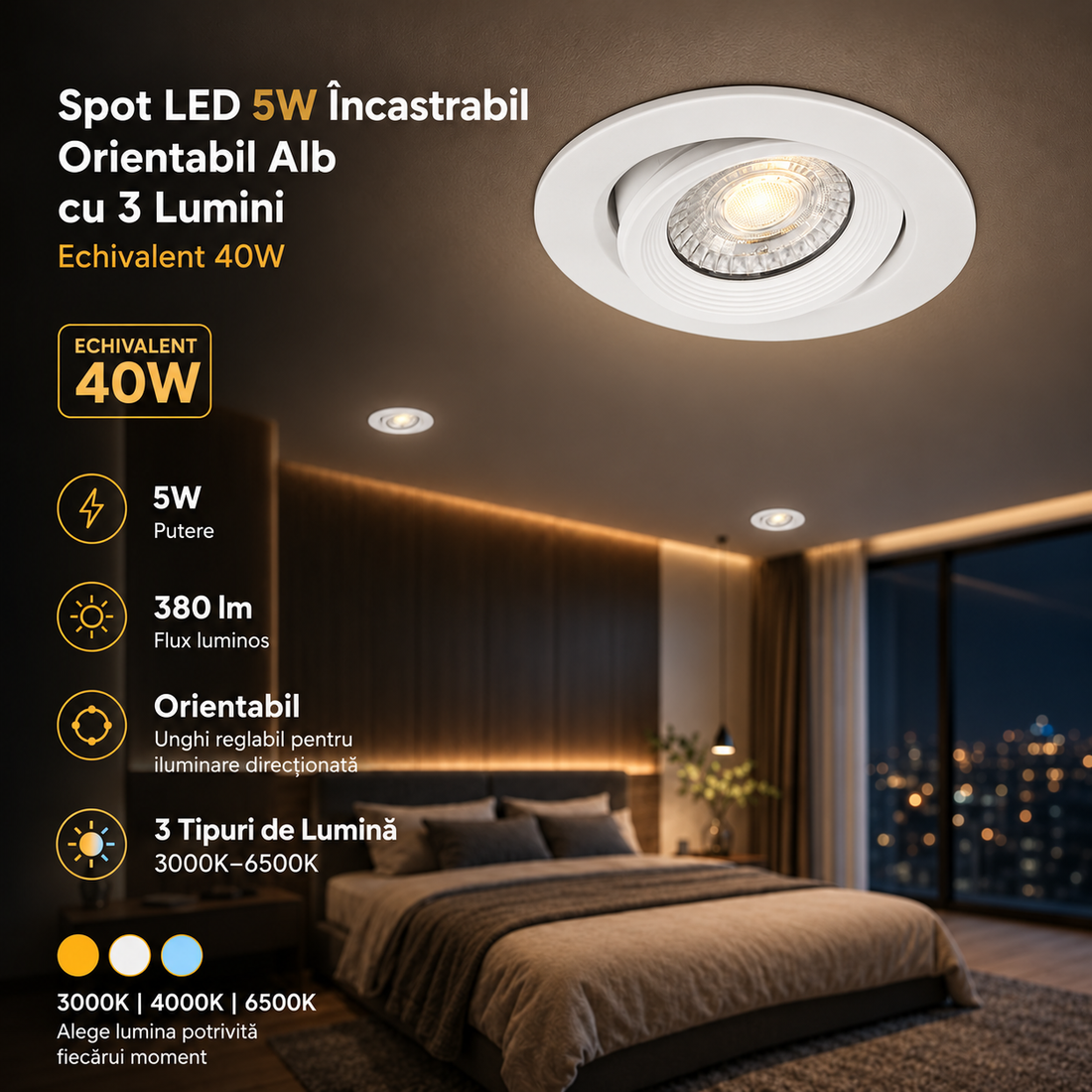 LED спот 5W вграден, насочваем БЯЛ Еквивалент 40W