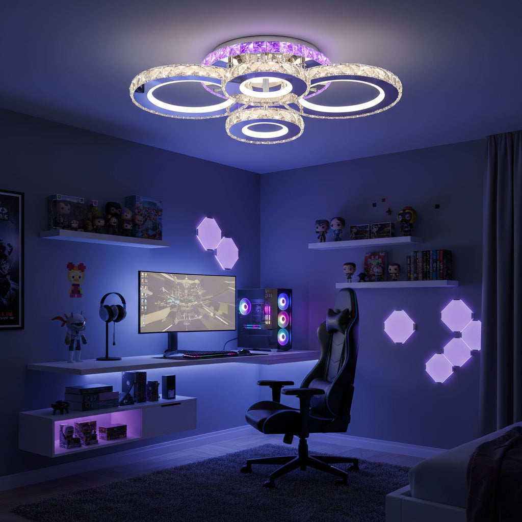 LED осветително тяло 4 CIRCLE кристал Chrome RGB еквивалент 500W с дистанционно