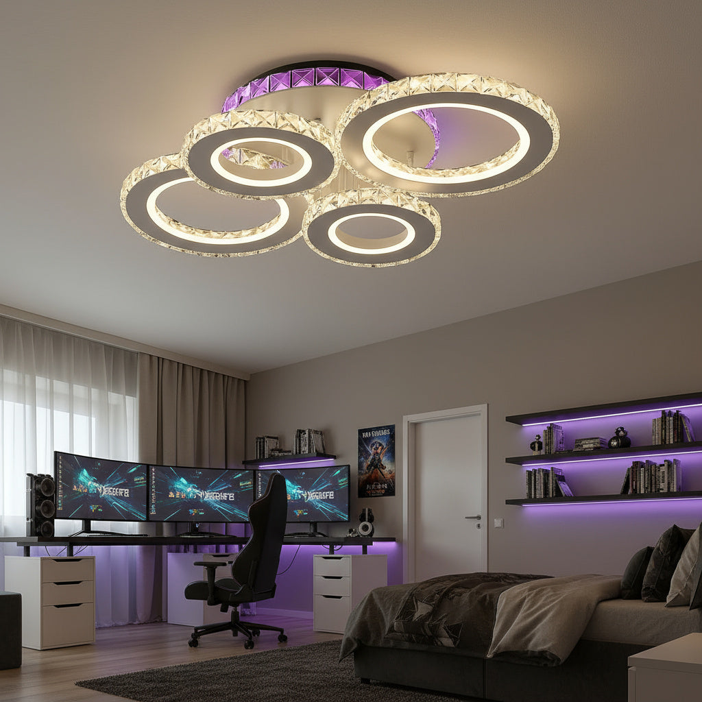 LED осветително тяло 4 CIRCLE кристал бяла RGB еквивалент 500W с дистанционно
