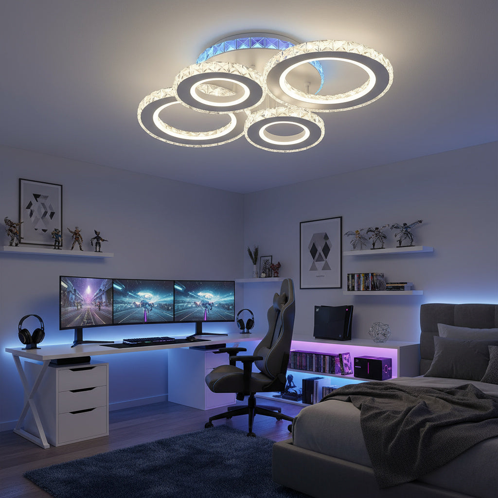 LED осветително тяло 4 CIRCLE кристал бяла RGB еквивалент 500W с дистанционно