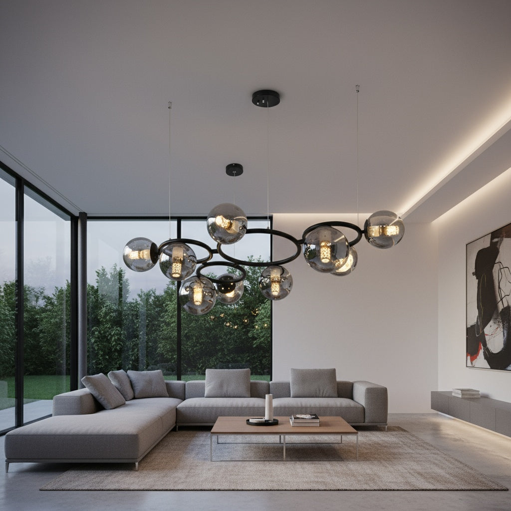 Lustra Suspendata DIONIS Circles Black Abajur Fumuriu 9xE27 Chandeliers