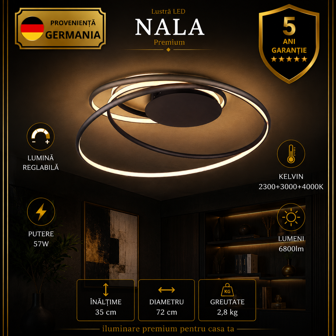 Осветително тяло LED Premium NALA, 3 вида светлина от бутон, еквивалент 700W