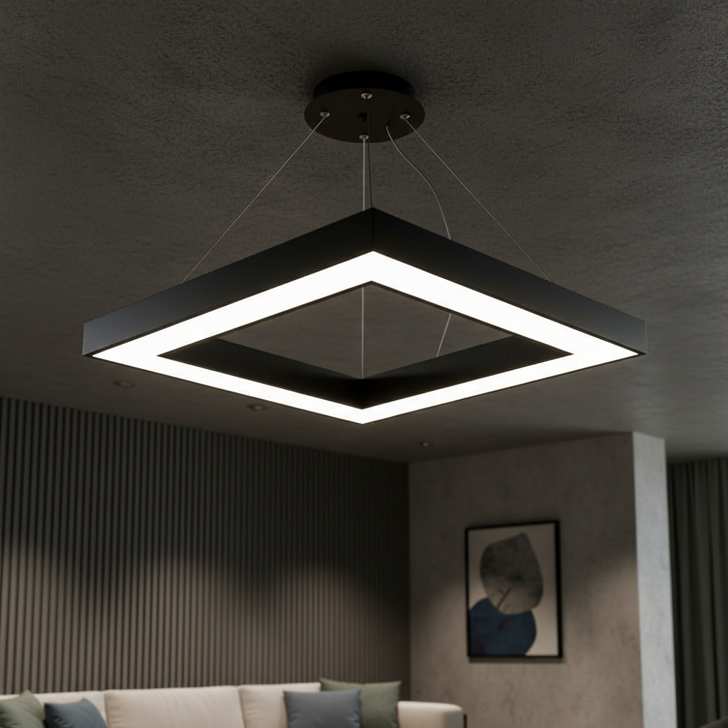 LED осветително тяло висящо RENZO Square Black с дистанционно, еквивалент 300W