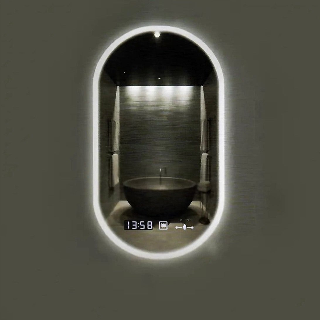 Овално LED огледало 50x80cm, СЕНЗОР, 3 вида светлина, против запотяване и часовник D045