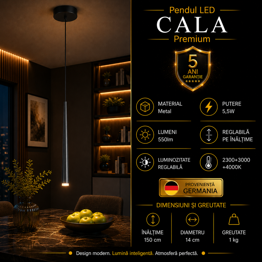 Пендел LED Premium CALA Black 5.5W, 3 вида светлина от бутон, димируем