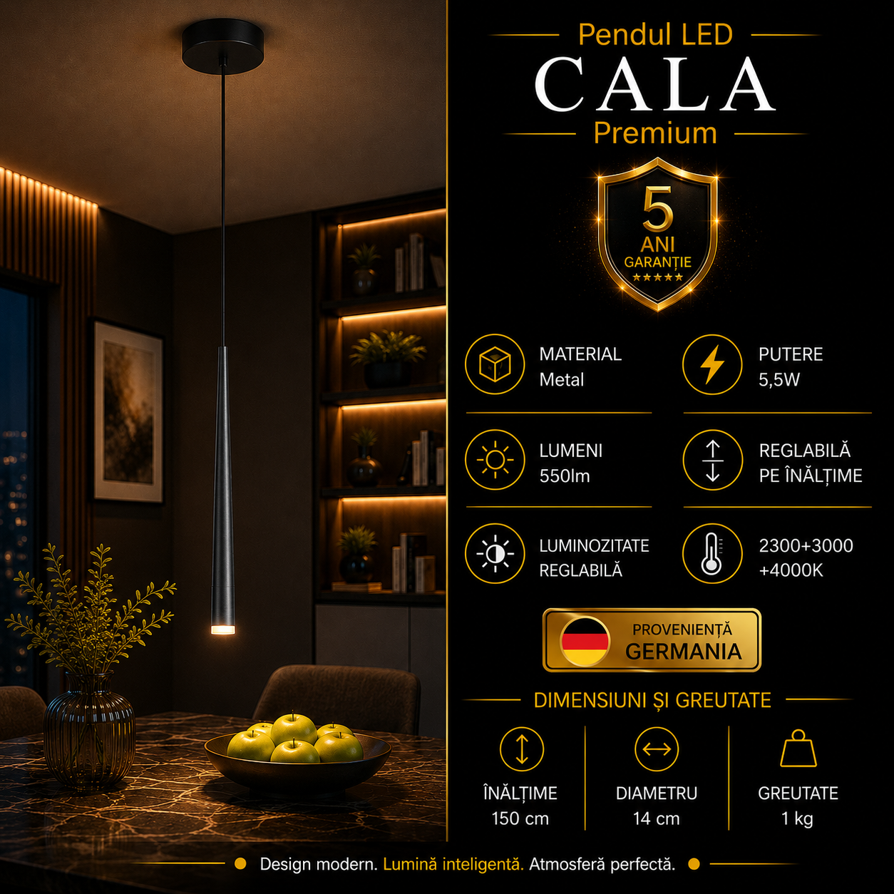 Пендел LED Premium CALA Black 5.5W, 3 вида светлина от бутон, димируем