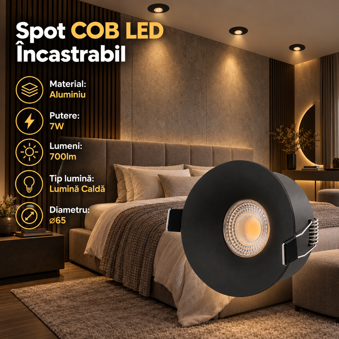COB LED спот 7W Кръгъл Черен / ⌀65mm / Вграден / Топла светлина