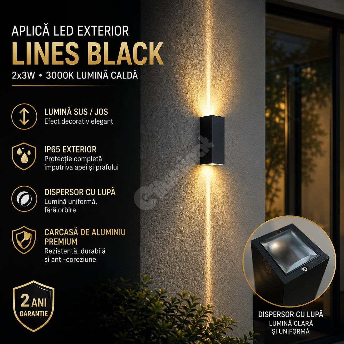 LED аплик за външен монтаж 2x3W LINES Черен
