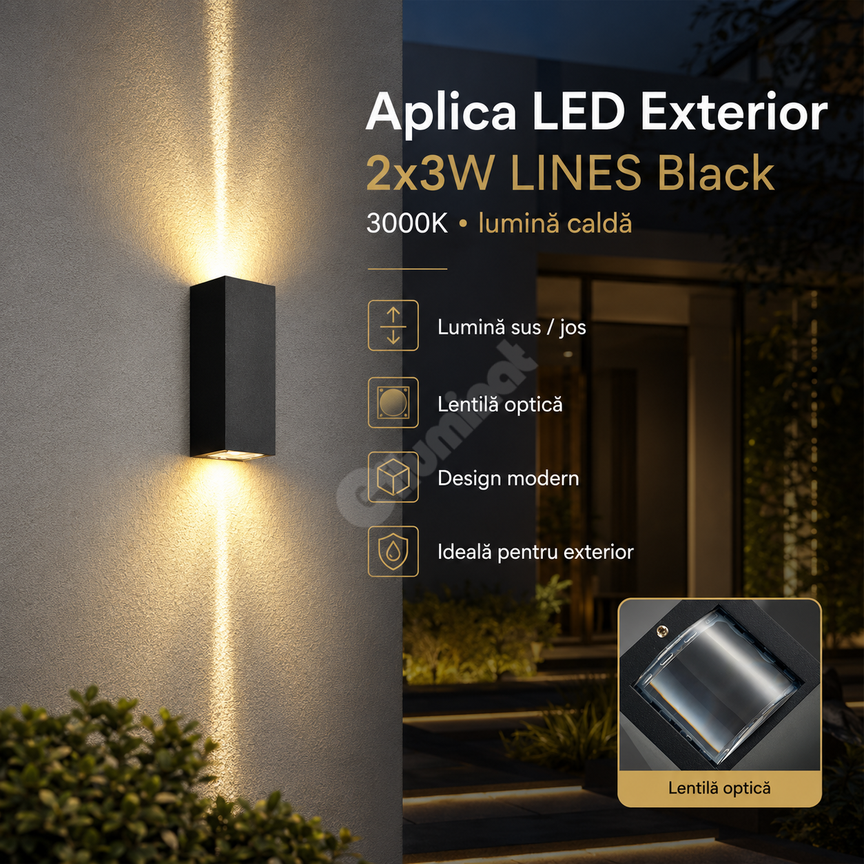 LED аплик за външен монтаж 2x3W LINES Черен