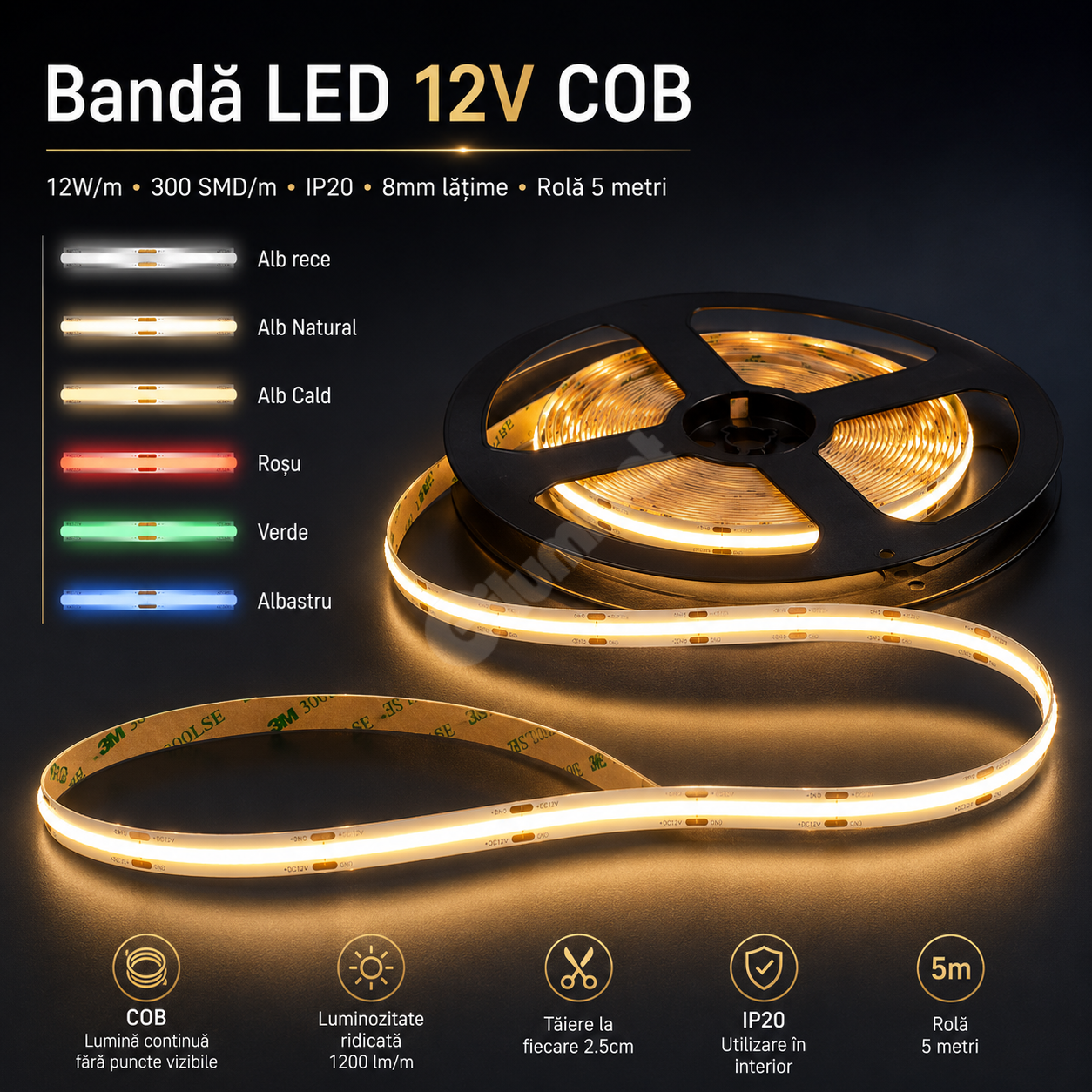 LED лента 12V COB за вътрешен монтаж - ролка 5 метра