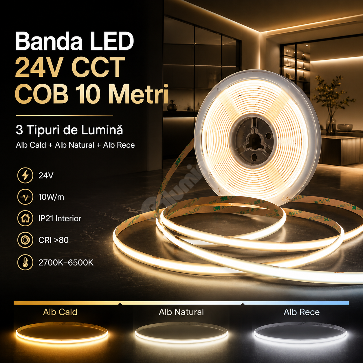 LED лента 24V CCT COB 10 метра с 3 вида светлина