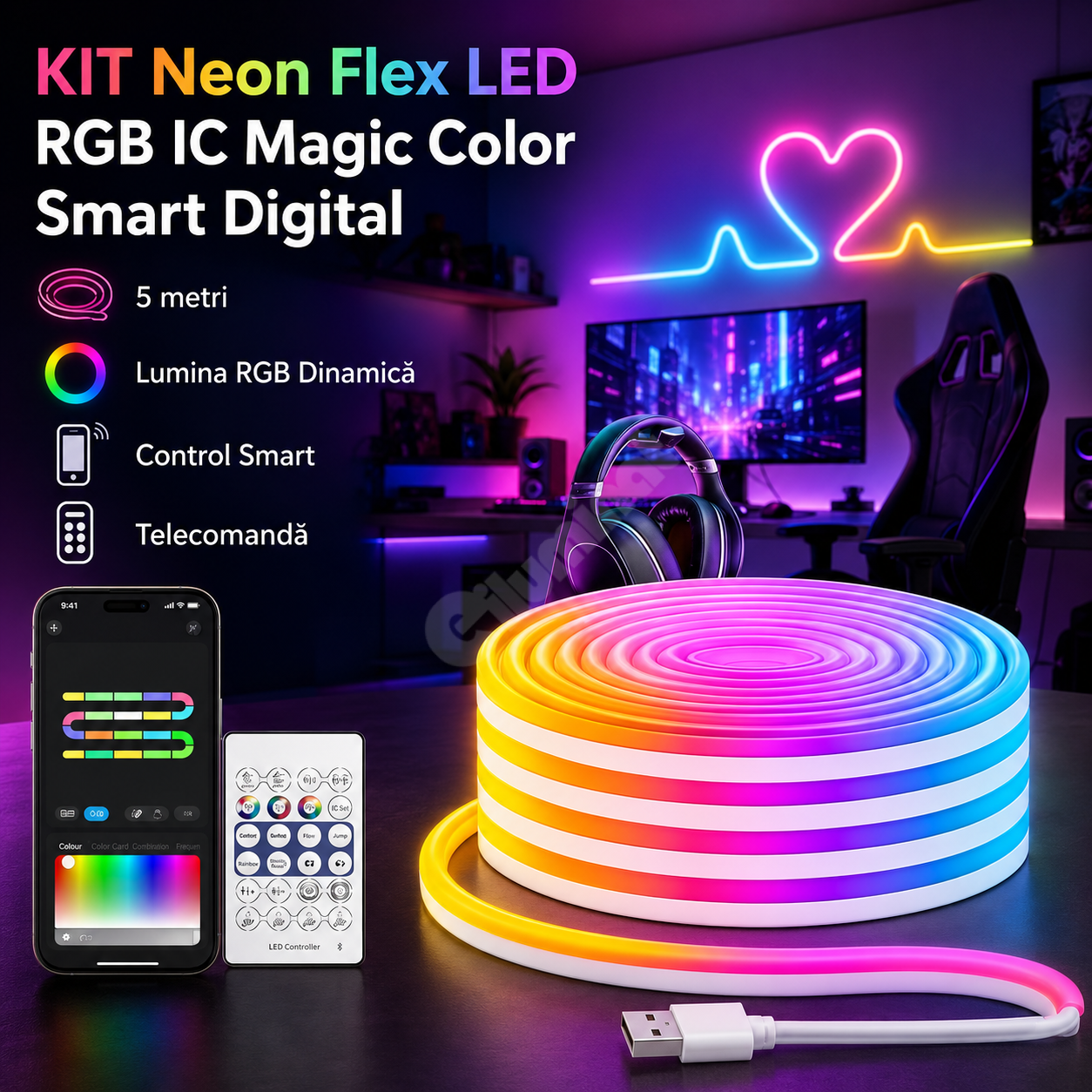 КОМПЛЕКТ NEON FLEX LED RGB IC SMART DIGITAL 12V 5m Дистанционно