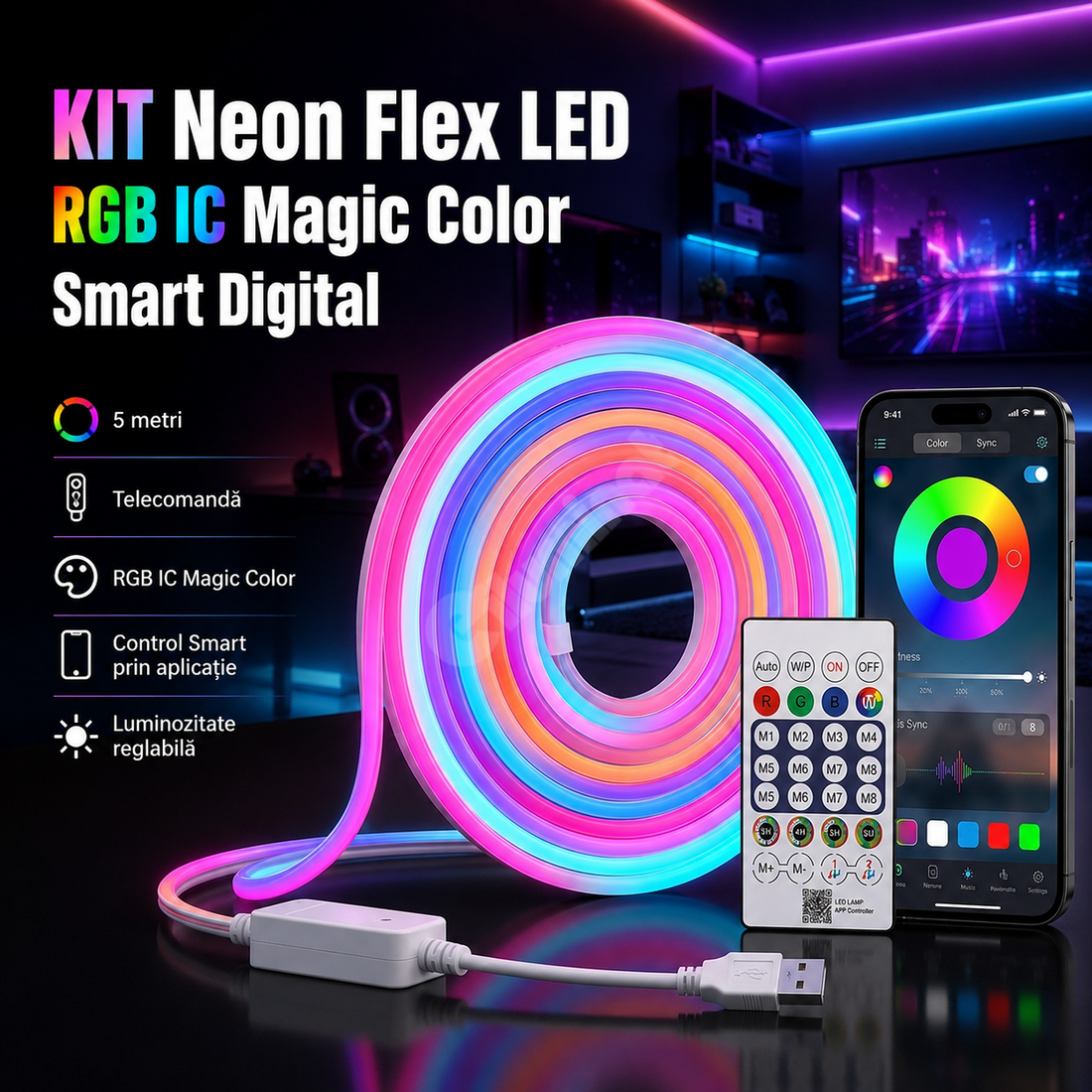 КОМПЛЕКТ NEON FLEX LED RGB IC SMART DIGITAL 12V 5m Дистанционно