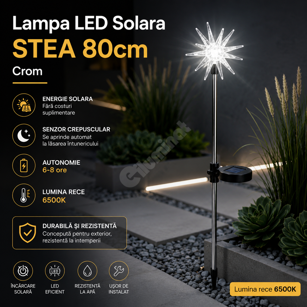Соларна LED лампа STEA, 80 cm, Хром, RGB