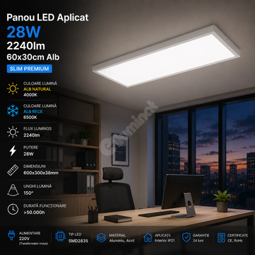 LED панел 28W 60x30cm Бял за повърхностен монтаж Еквивалент 300W