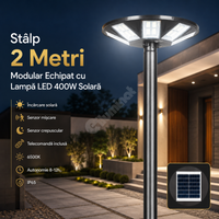 Стълб 2 метра, оборудван с LED лампа 400W със соларно зареждане и дистанционно управление