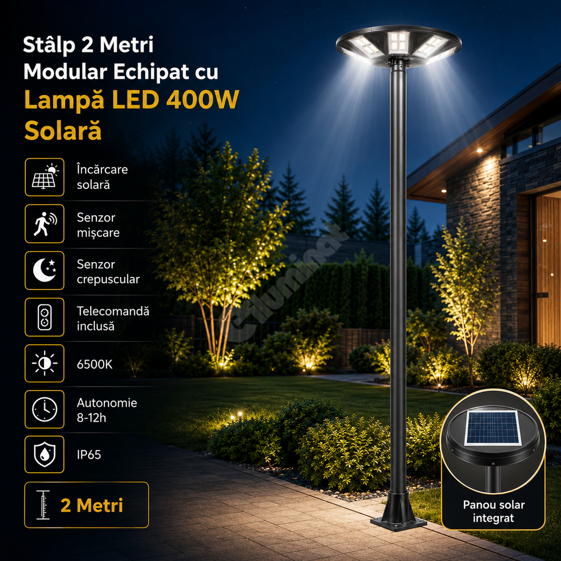 Стълб 2 метра, оборудван с LED лампа 400W със соларно зареждане и дистанционно управление