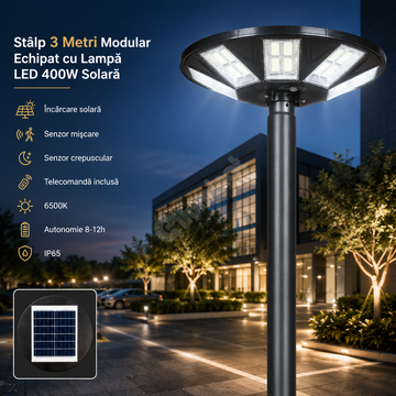 Стълб 3 метра с LED лампа 400W със соларно зареждане и дистанционно управление