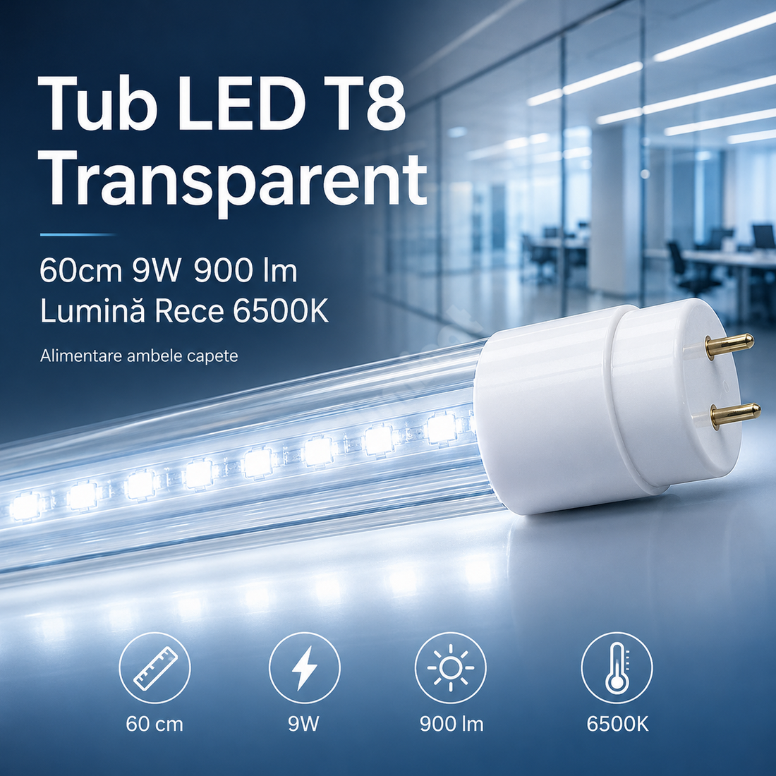 Прозрачна LED тръба T8 60cm 9W 900 lm