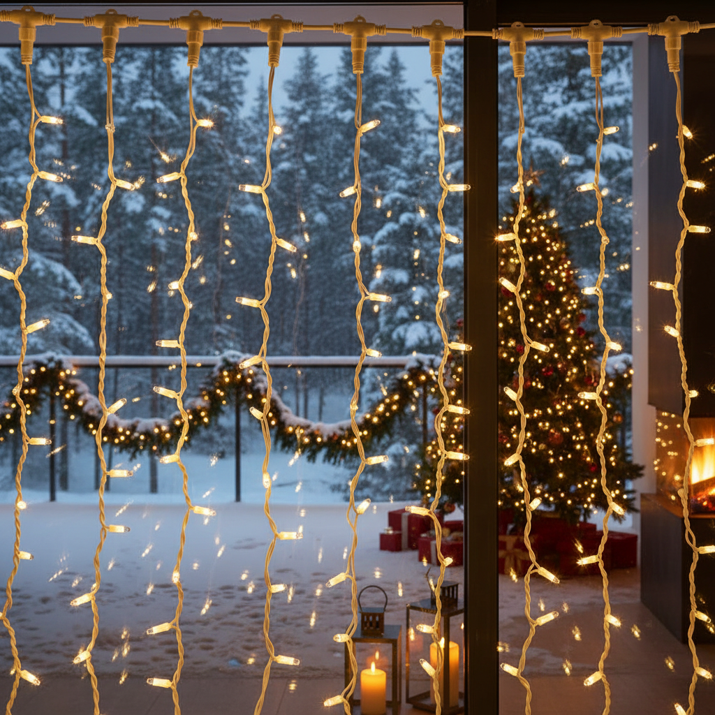 LED завеса Snowvale 500x80cm Топла светлина 180 LED диода Бял кабел