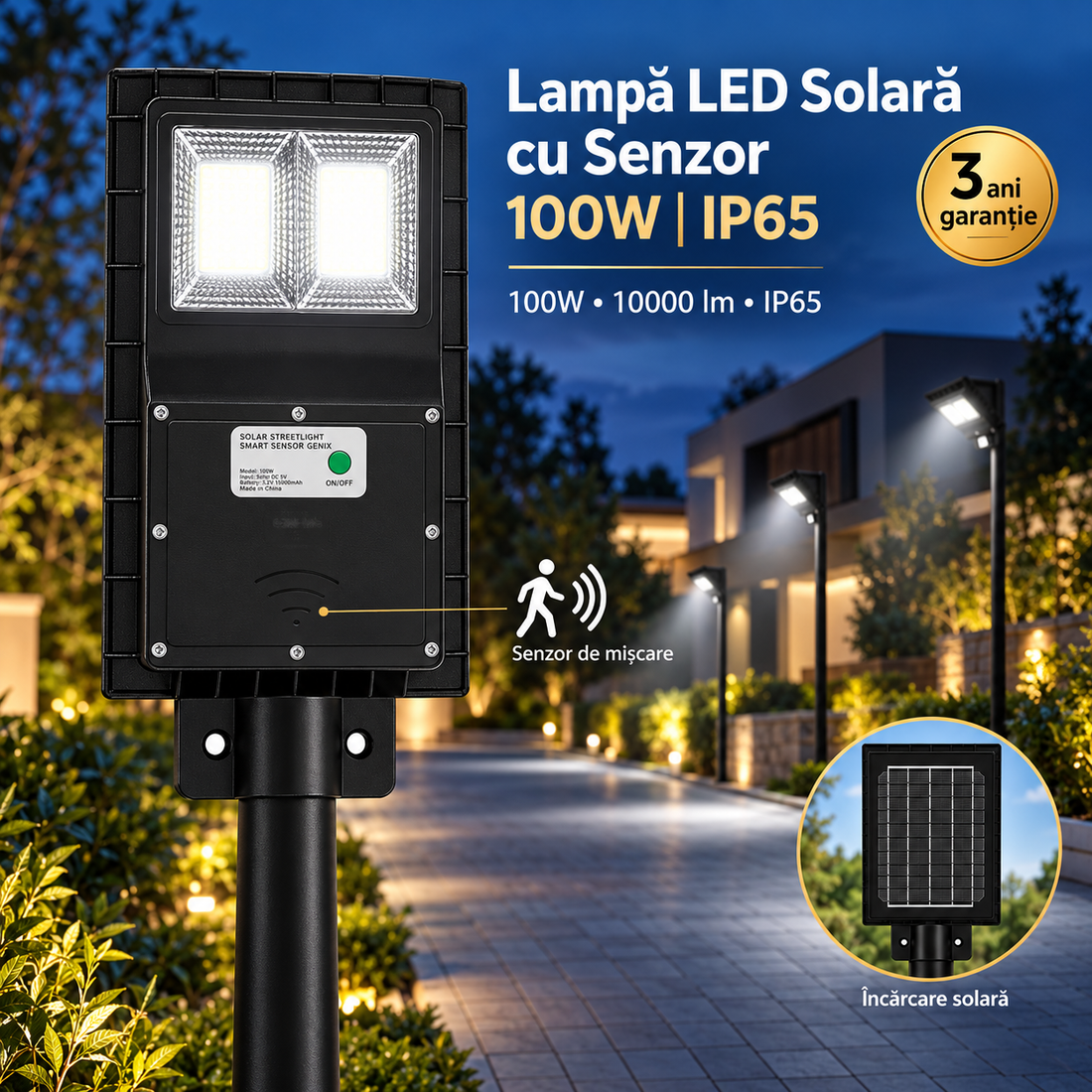 Соларна LED лампа 100W COB с датчик за движение PREMIUM