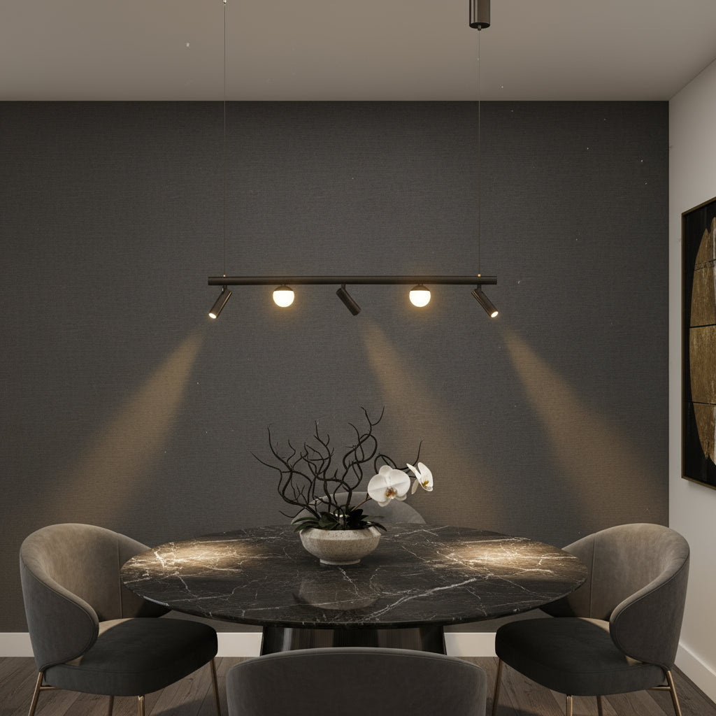LED осветително тяло тип пендел MELI Black с абажур и 3 спота, еквивалент 90W, с дистанционно