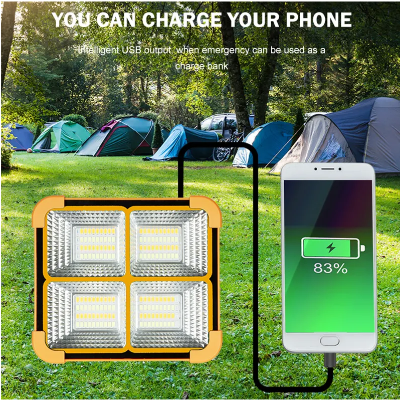 Прожектор LED 100W преносим, соларен панел, USB, 4 функции