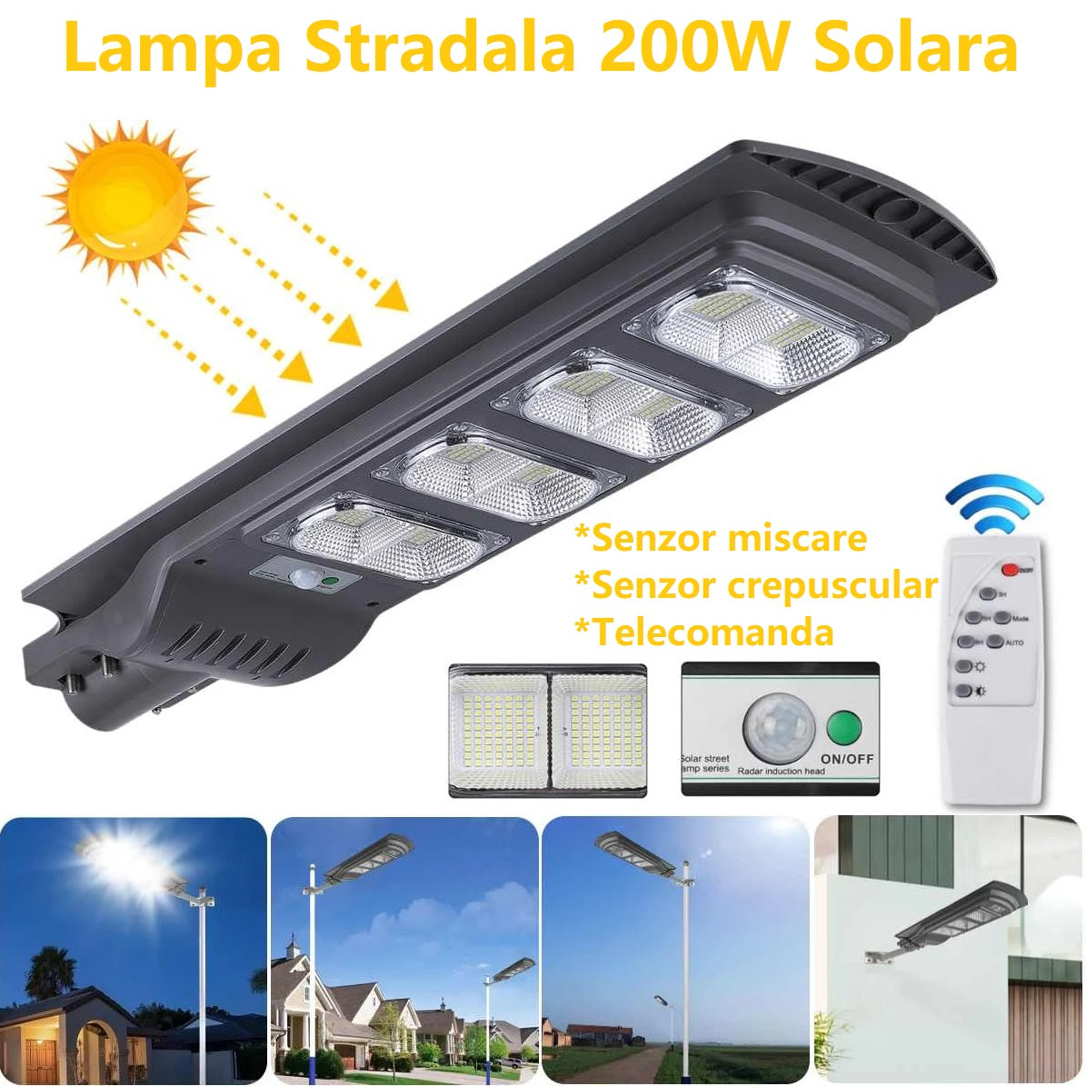 LED лампа 200W соларна SLIM сензор за движение + дистанционно